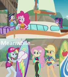 Size: 1280x1440 | Tagged: safe, derpibooru import, edit, edited screencap, screencap, applejack, fluttershy, pinkie pie, rainbow dash, rarity, sci-twi, twilight sparkle, better together, blue crushed, equestria girls, the salty sails, beach, belly button, boat, chart, clothes, geode of fauna, geode of shielding, geode of sugar bombs, geode of super speed, geode of super strength, geode of telekinesis, hat, humane five, humane six, lifejacket, map, meanwhile, midriff, rash guard, sails, sarong, surfboard, swimsuit, trunk