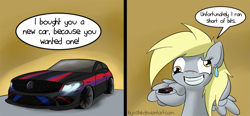 Size: 1089x504 | Tagged: safe, artist:kiyoshiii, derpy hooves, pegasus, pony, car, comic, female, mare, solo, speech bubble, sweatdrop