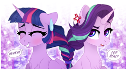 Size: 2700x1500 | Tagged: safe, artist:vird-gi, starlight glimmer, twilight sparkle, twilight sparkle (alicorn), alicorn, pony, unicorn, abstract background, braid, cross-popping veins, female, intertwined manes, mare, speech bubble, sweat, sweatdrop