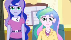 Size: 1366x768 | Tagged: safe, screencap, princess celestia, princess luna, principal celestia, vice principal luna, equestria girls, rainbow rocks, celestia's office, clothes, cutie mark, cutie mark accessory, cutie mark on clothes, green eyes, possessed