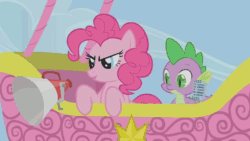 Size: 896x504 | Tagged: safe, screencap, pinkie pie, spike, dragon, earth pony, pony, fall weather friends, animated, announcer, cloud, cloudy, commentator, frown, hot air balloon, megaphone, microphone, play-by-play, sheepish, sideways glance, silent disapproval, too precise, wow pinkie