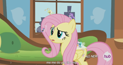 Size: 1152x609 | Tagged: safe, screencap, fluttershy, seabreeze, breezie, pegasus, pony, it ain't easy being breezies, all new, hub logo, meme, text, youtube caption