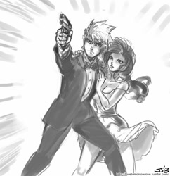 Size: 833x862 | Tagged: safe, artist:johnjoseco, rarity, spike, human, a view to a kill, breasts, cleavage, clothes, crossover, dress, female, grayscale, gun, humanized, james bond, male, monochrome, older, shipping, sparity, straight, strategically covered, suit, tuxedo