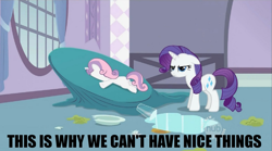Size: 1277x711 | Tagged: safe, edit, edited screencap, screencap, rarity, sweetie belle, pony, unicorn, sisterhooves social, faceplant, floppy ears, frown, glare, hub logo, image macro, meme, prone, sweetie fail, this is why we can't have nice things, unamused