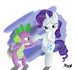 Size: 938x851 | Tagged: safe, artist:jbond, artist:mickeymonster, color edit, edit, rarity, spike, dragon, pony, unicorn, bipedal, blushing, colored, dancing, female, male, mare, shipping, sparity, straight