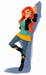 Size: 602x985 | Tagged: safe, artist:neurotic-hamster, sunset shimmer, equestria girls, blushing, boots, clothes, female, human coloration, jacket, leaning, leaning back, leather jacket, looking up, shadow, shoes, simple background, white background