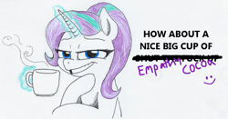 Size: 1199x627 | Tagged: safe, artist:t72b, derpibooru exclusive, starlight glimmer, unicorn, :), cup, empathy cocoa, levitation, limited palette, looking at you, magic, mug, shit eating grin, smiley face, smiling, smug, solo, steam, telekinesis, text, traditional art