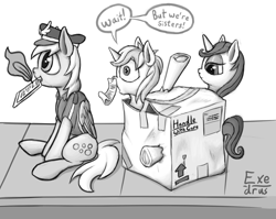 Size: 1706x1356 | Tagged: safe, artist:exedrus, derpibooru exclusive, derpy hooves, moonlight raven, sunshine smiles, pegasus, pony, unicorn, canterlot boutique, cardboard box, female, hat, implied incest, implied shipping, magic, mailmare, mare, monochrome, moonlightsmiles, mouth hold, package, pun, quill, shipper on deck, shipping, shipping denied, sidewalk, sisters, sitting, speech bubble, tape, underhoof, visual pun