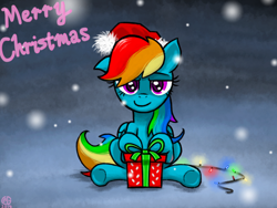 Size: 2048x1536 | Tagged: safe, artist:meirei, derpibooru import, rainbow dash, pegasus, pony, christmas lights, hat, pixiv, present, santa hat, solo, underhoof