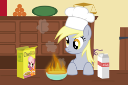 Size: 4500x3000 | Tagged: safe, artist:ohitison, cheerilee, derpy hooves, pegasus, pony, bowl, cereal, cheerios, chef's hat, derpy being derpy, duo, female, fire, hat, high res, i just don't know what went wrong, mare, milk, parody, pimp hat, simpsons did it, solo, the simpsons, wat