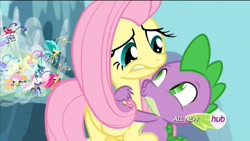 Size: 1280x720 | Tagged: safe, screencap, fluttershy, spike, breezie, dragon, pegasus, pony, it ain't easy being breezies, hape, hat, hub logo, mushroom hat, out of context, shipping fuel