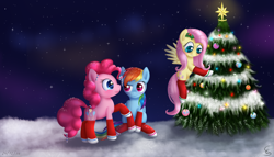 Size: 2620x1500 | Tagged: safe, artist:divlight, derpibooru import, fluttershy, pinkie pie, rainbow dash, earth pony, pegasus, pony, candy cane, christmas tree, clothes, socks, tree