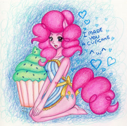 Size: 2320x2304 | Tagged: safe, artist:allymoodyneko, pinkie pie, anthro, ambiguous facial structure, apron, clothes, cupcake, food, heart, naked apron, solo