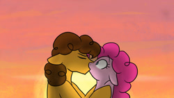 Size: 1024x576 | Tagged: safe, artist:riquis101, cheese sandwich, pinkie pie, earth pony, pony, cheesepie, eyes closed, female, floppy ears, kissing, male, shipping, shocked, straight, sunset, surprise kiss, surprised