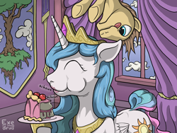 Size: 2048x1536 | Tagged: safe, artist:exedrus, princess celestia, alicorn, pony, :p, cake, cakelestia, chewing, crown, eating, eyes closed, happy, indoors, puffy cheeks, regalia, smiling, stealing, tongue out, underhoof, upside down