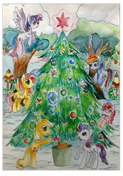 Size: 500x720 | Tagged: safe, artist:mapony240, derpibooru import, applejack, fluttershy, pinkie pie, rainbow dash, rarity, twilight sparkle, twilight sparkle (alicorn), alicorn, earth pony, pegasus, pony, unicorn, candy cane, christmas tree, female, mane six, mare, mouth hold, traditional art, tree