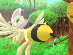 Size: 1440x1080 | Tagged: safe, artist:atteez, fluttershy, seabreeze, bee, breezie, pegasus, pony, it ain't easy being breezies, animal, animal costume, bee costume, butt shake, clothes, costume, flutterbee, plot, scene interpretation, tree