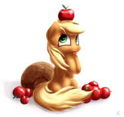 Size: 917x870 | Tagged: safe, artist:hieronymuswhite, applejack, earth pony, pony, apple, balancing, basket, filly, hatless, loose hair, missing accessory, silly, silly pony, sitting, solo, tongue out, who's a silly pony
