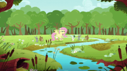 Size: 1000x562 | Tagged: safe, screencap, angel bunny, fluttershy, pegasus, pony, rabbit, squirrel, hurricane fluttershy, animal, animated, blowing, coach, female, flying, forest, hat, high quality, mare, nature, prancing, river, spread wings, stream, sweatband, whistle