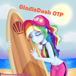 Size: 3000x3000 | Tagged: safe, artist:katakiuchi4u, derpibooru import, rainbow dash, better together, blue crushed, equestria girls, beach, cap, cargo ship, clothes, cloud, eyes closed, female, geode of super speed, gladys, gladysdash, hat, he doesn't deserve you, high heels, magical geodes, midriff, ocean, sand, shipping, shorts, smiling, solo, sun, surfboard, swimsuit, wat, water