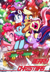 Size: 1100x1599 | Tagged: safe, artist:caibaoreturn, derpibooru import, applejack, fluttershy, pinkie pie, rainbow dash, rarity, spike, twilight sparkle, twilight sparkle (alicorn), alicorn, dragon, earth pony, pegasus, pony, unicorn, christmas, female, mane seven, mane six, mare, merry christmas, pixiv, screaming, squishy cheeks