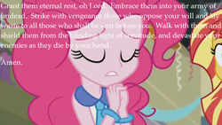 Size: 1136x640 | Tagged: safe, edit, edited screencap, screencap, pinkie pie, sunset shimmer, equestria girls, canterlot high, eyes closed, pinkie pie praying, prayer, text