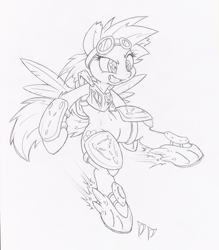 Size: 874x1000 | Tagged: safe, artist:dfectivedvice, derpibooru import, rainbow dash, pegasus, pony, belly button, bipedal, female, goggles, grayscale, mare, monochrome, rocket boots, simple background, sketch, solo, sunglasses, traditional art, white background