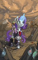 Size: 772x1200 | Tagged: safe, artist:lexx2dot0, rarity, spike, dragon, pony, unicorn, boots, clothes, female, gem, hard hat, hat, magic, male, pickaxe, rock, scenery, shipping, sparity, straight