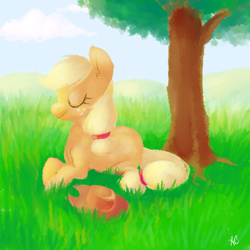 Size: 1250x1250 | Tagged: safe, artist:comikazia, applejack, earth pony, pony, eyes closed, grass, prone, solo, tree