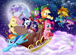 Size: 1024x745 | Tagged: safe, artist:teammagix, derpibooru import, adagio dazzle, applejack, aria blaze, fluttershy, pinkie pie, rainbow dash, rarity, sonata dusk, spike, twilight sparkle, twilight sparkle (alicorn), alicorn, hippocampus, merpony, siren, equestria girls, rainbow rocks, antlers, candy, chase, christmas, clothes, cloud, cloudy, elf costume, flying, hat, hearth's warming eve, mane seven, mane six, moon, present, santa costume, santa hat, sleigh, snow, snowfall, the dazzlings, true form, winter