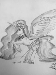 Size: 960x1280 | Tagged: safe, artist:thegreatmewtwo, princess celestia, alicorn, pony, house of the dead, inspired, inspired by concept art, monochrome, pencil, pencil drawing, plot, solo, traditional art, video game, weak point