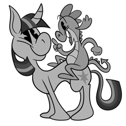 Size: 700x700 | Tagged: safe, artist:karpet-shark, derpibooru import, spike, twilight sparkle, dragon, pony, unicorn, duo, grayscale, monochrome, simple background, twily-daily, white background