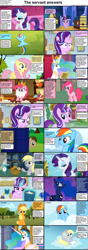 Size: 1282x3661 | Tagged: safe, applejack, derpy hooves, doctor whooves, fluttershy, pinkie pie, princess celestia, princess luna, rainbow dash, rarity, starlight glimmer, twilight sparkle, twilight sparkle (alicorn), alicorn, earth pony, pegasus, pony, unicorn, comic:celestia's servant interview, basket, bedroom eyes, book, bored, cake, caption, cs captions, doctor who, empathy cocoa, featureless crotch, female, food, implied tempest shadow, interview, looking at you, male, mare, muffin, on back, ponyville, stallion, sweet apple acres, tardis