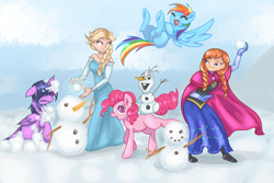 Size: 3000x2000 | Tagged: safe, artist:cartesia dawn, derpibooru import, pinkie pie, rainbow dash, twilight sparkle, twilight sparkle (alicorn), alicorn, earth pony, pegasus, pony, anna, crossover, cute, disney, elsa, eyes closed, female, floppy ears, frozen (movie), hidden eyes frown, laughing, looking at you, magic, mare, olaf, open mouth, playing, raised hoof, smiling, snow, snowball, snowman, underhoof, upside down, waving, winter