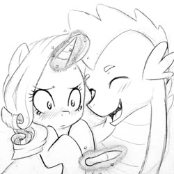 Size: 1024x1024 | Tagged: safe, artist:kianamai, rarity, spike, dragon, pony, unicorn, female, interspecies, kilalaverse, male, monochrome, older, older spike, pencil drawing, pregnancy test, shipping, sparity, straight, traditional art