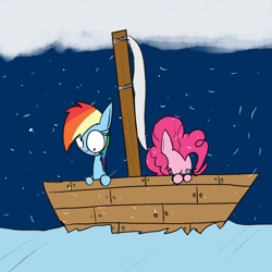 Size: 1024x1024 | Tagged: safe, artist:mr. rottson, derpibooru import, pinkie pie, rainbow dash, earth pony, pegasus, pony, boat, frozen, ship, snow, snowfall, water