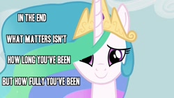 Size: 1280x720 | Tagged: safe, princess celestia, alicorn, pony, happy, image macro, joy, meme, sagacious celestia, smiling, toonami