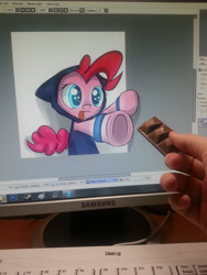 Size: 2448x3264 | Tagged: safe, artist:suplolnope, pinkie pie, earth pony, pony, :p, chocolate, clothes, computer, cute, eyes on the prize, floppy ears, food, fourth wall, hand, hoodie, keyboard, paint tool sai, photo, photoshop, reaching, samsung, steam, steam (software), tongue out, underhoof, waifu dinner, windows, windows 7, wristband