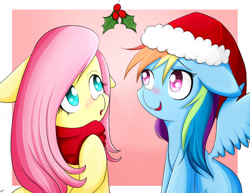 Size: 1604x1238 | Tagged: safe, artist:riouku, derpibooru import, fluttershy, rainbow dash, pegasus, pony, :o, alternate hairstyle, blushing, clothes, female, floppy ears, flutterdash, hat, holly, holly mistaken for mistletoe, lesbian, looking up, mare, open mouth, raised eyebrow, santa hat, scarf, shipping, sitting, smiling, spread wings