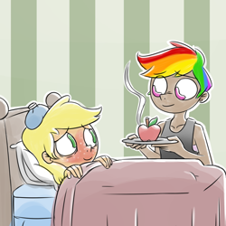 Size: 1300x1300 | Tagged: safe, artist:rawrienstein, derpibooru import, applejack, rainbow dash, human, alternate hairstyle, apple, appledash, bed, blushing, duo, female, food, humanized, in bed, lesbian, looking at each other, plate, shipping, sick, smiling