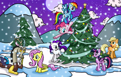 Size: 8268x5246 | Tagged: safe, artist:alexdti, derpibooru import, applejack, discord, fluttershy, pinkie pie, rainbow dash, rarity, twilight sparkle, twilight sparkle (alicorn), alicorn, earth pony, pegasus, pony, unicorn, absurd resolution, christmas tree, female, mane six, mare, snow, snowfall, tree, winter