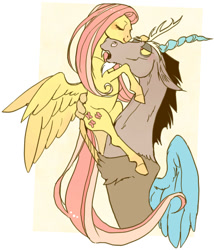 Size: 600x702 | Tagged: safe, artist:pasikon, discord, fluttershy, pegasus, pony, discoshy, female, hug, male, shipping, straight