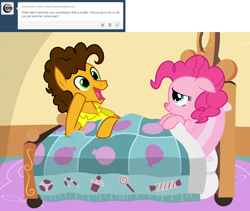 Size: 1280x1080 | Tagged: safe, artist:fillyblue, cheese sandwich, pinkie pie, earth pony, pony, ask, ask cheese sandwich, bed, cheesepie, cute, female, floppy ears, happy, male, shipping, sick, smiling, straight, tumblr