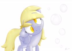 Size: 5000x3500 | Tagged: safe, artist:thederpyenthusiast, derpy hooves, pegasus, pony, absurd resolution, bubble, curious, cute, derpabetes, female, floppy ears, frown, head tilt, looking at you, mare, simple background, solo