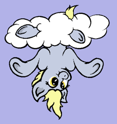 Size: 791x837 | Tagged: safe, artist:yooyfull, derpy hooves, pegasus, pony, cloud, female, i just don't know what went wrong, mare, solo, stuck, upside down