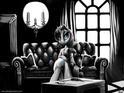 Size: 1600x1200 | Tagged: safe, artist:nemo2d, rarity, pony, semi-anthro, unicorn, ashtray, black and white, candelabra, candle, cigarette, clothes, dress, grayscale, gun, monochrome, neo noir, noir, partial color, revolver, sitting, sofa, solo