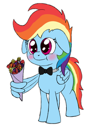 Size: 1252x1735 | Tagged: safe, artist:zaponator, derpibooru import, rainbow dash, pegasus, pony, blushing, bouquet, bowtie, cute, dashabetes, female, floppy ears, mare, smiling, solo, wing hold