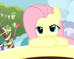 Size: 829x659 | Tagged: safe, screencap, fluttershy, pegasus, pony, filli vanilli, season 4, balloon, bridge, lidded eyes, solo