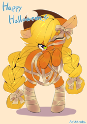 Size: 2893x4092 | Tagged: safe, artist:aruurara, applejack, earth pony, pony, bandage, bipedal, clothes, costume, cute, entangled, high res, jackabetes, looking at you, mummy, one eye closed, open mouth, pixiv, solo, wink