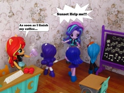 Size: 1200x900 | Tagged: safe, artist:whatthehell!?, rainbow dash, rarity, sci-twi, starlight glimmer, sunset shimmer, twilight sparkle, better together, equestria girls, apple, board game, chair, classroom, clothes, desk, doll, equestria girls minis, food, irl, photo, school, toy, ultra minis